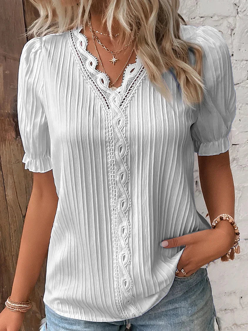 V Neck Plain Lace Elegant Shirt