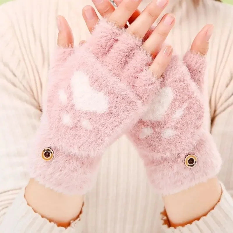 Cat Claw Paw Plush Fingerless Mittens