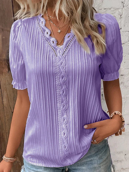 V Neck Plain Lace Elegant Shirt